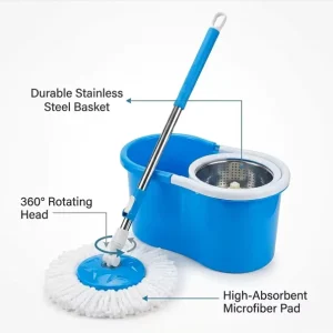 Tornado System 4 Microfiber Mop Heads 360° Spin All-in-One Swivel No-Tip Bucket 701 ml Capacity for Hardwood, Laminate, and Tile