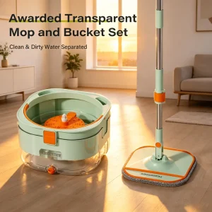 Transparent 360-Degree Spin Mop Bucket Set with Wringer and Reusable Mop Pads, Clean and Dirty Water Separation