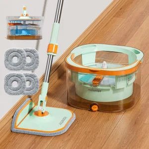 Transparent 360 Spin Mop Bucket Set with Clean-Dirty Separation, Wringer, and Reusable Mop Pads