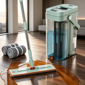 Transparent Clean and Dirty Separation 360-Degree Spin Mop Bucket Set with Wringer and Reusable Mop Pads for Dry and Wet Floors