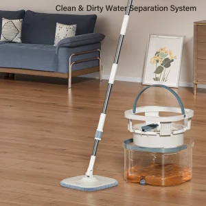 Transparent Handheld Rotating Mop with Dual-Chamber Clean-and-Dirty Water Separation Bucket