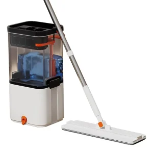 Transparent Microfiber Mop and Bucket Set with Foldable Steel Pole, 360-Degree Spin Self-Wringer, Dual-Drive Flat Mop