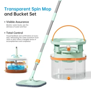 Transparent Spin Mop and Bucket with Separate Clean and Dirty Water for Floors and Walls