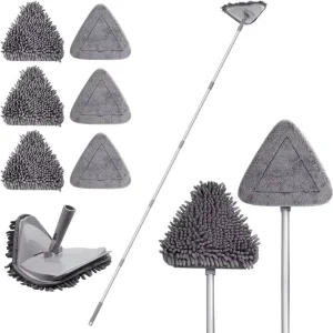 Triangle Window Cleaner Mop with Split Sectional Iron Handle, Absorbent Chenille and Microfiber Replacement Heads