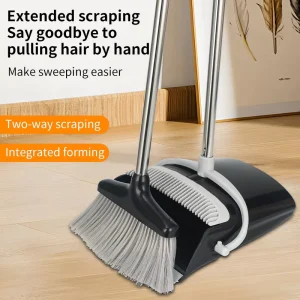 Two Way Scraping Broom and Dustpan Set with Extended Comb Teeth Integrated Forming Self Cleaning Sweeper for Pet Hair