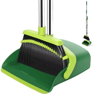 Upright Broom and Dustpan Set with Self-Cleaning Dustpan Teeth and Long Rustproof Handle