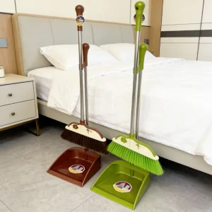 Upright Long Handled Wood Broom and Metal Dustpan Set
