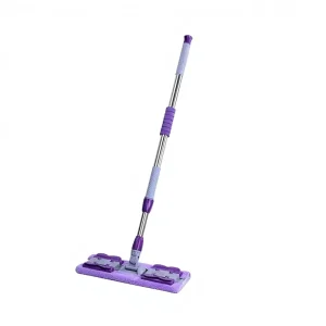 Violet Hands-Free Flat Mop with Stainless Steel Rod and Tray, Microfiber Fabric, Automatic Wringing