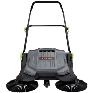 Walk-Behind Hand-Push Floor Sweeper 25.6″ Sweeping Width Manual Non-Electric 5-Gallon Waste Container