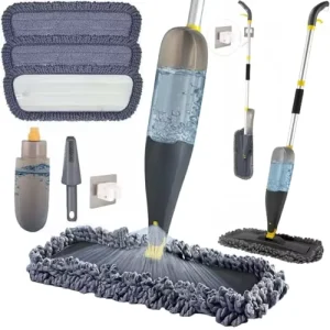 Washable Wet and Dry Microfiber Spray Mop with 3 Reusable Pads, 800ML Refillable Bottle, and Self-Cleaning Base