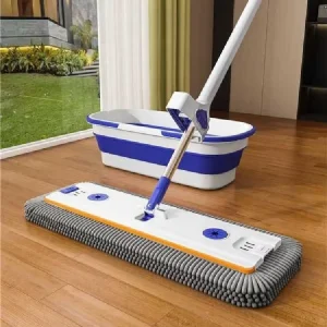 Wet and Dry Flat Mop with Self-Wringing Microfiber Head and Foldable Bucket