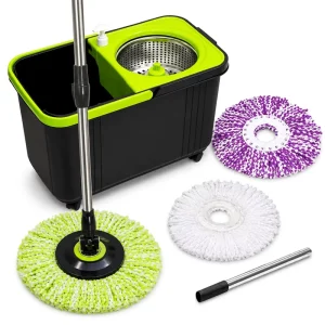 Wheeled Spin Mop Cleaning Set with Stainless Steel Wringer Bucket, 3-Piece Microfiber Mop and Refill Heads