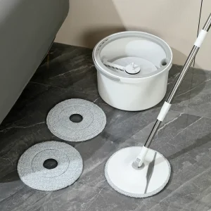 White Automatic Extendable Handle Spin Floor Mop Set with 2 Microfiber Refills and Water Separation Bucket