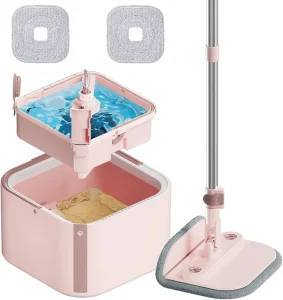 White Home Floors Cleaning Square Spins Mop Bucket Set 2 Mopheads Self Wringer Steel Pole Microfibre Fabric Sustainable