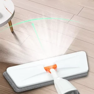 White Self-Wringing Spray Mop with Stainless Steel Handle and Flat Microfiber Pad